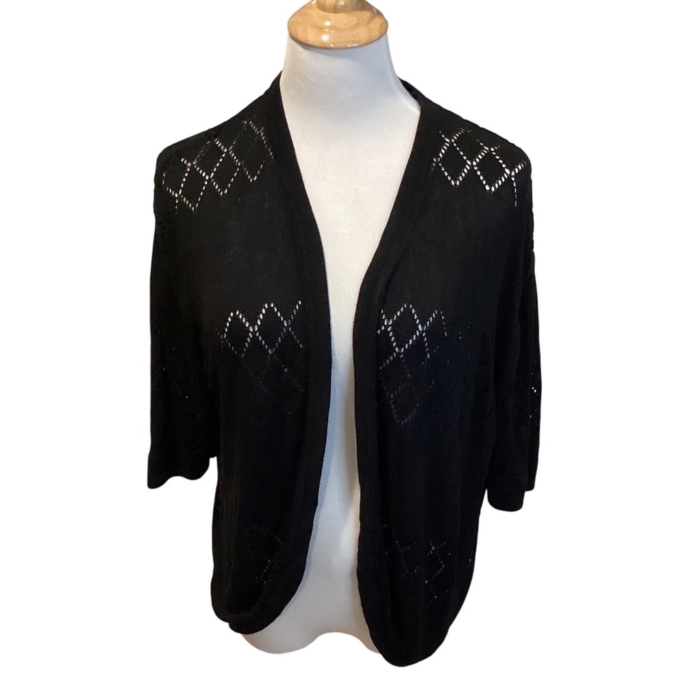 Zeagoo Black Open Front Knit Diamond Pattern 3/4 Sleeve Cardigan‎ Sweater Top L